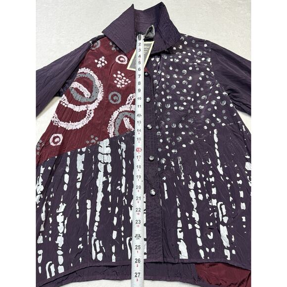 Harubella Batik Crinkle Art Shirt Purple Maroon Handmade Button Front Top Size M - Picture 7 of 8